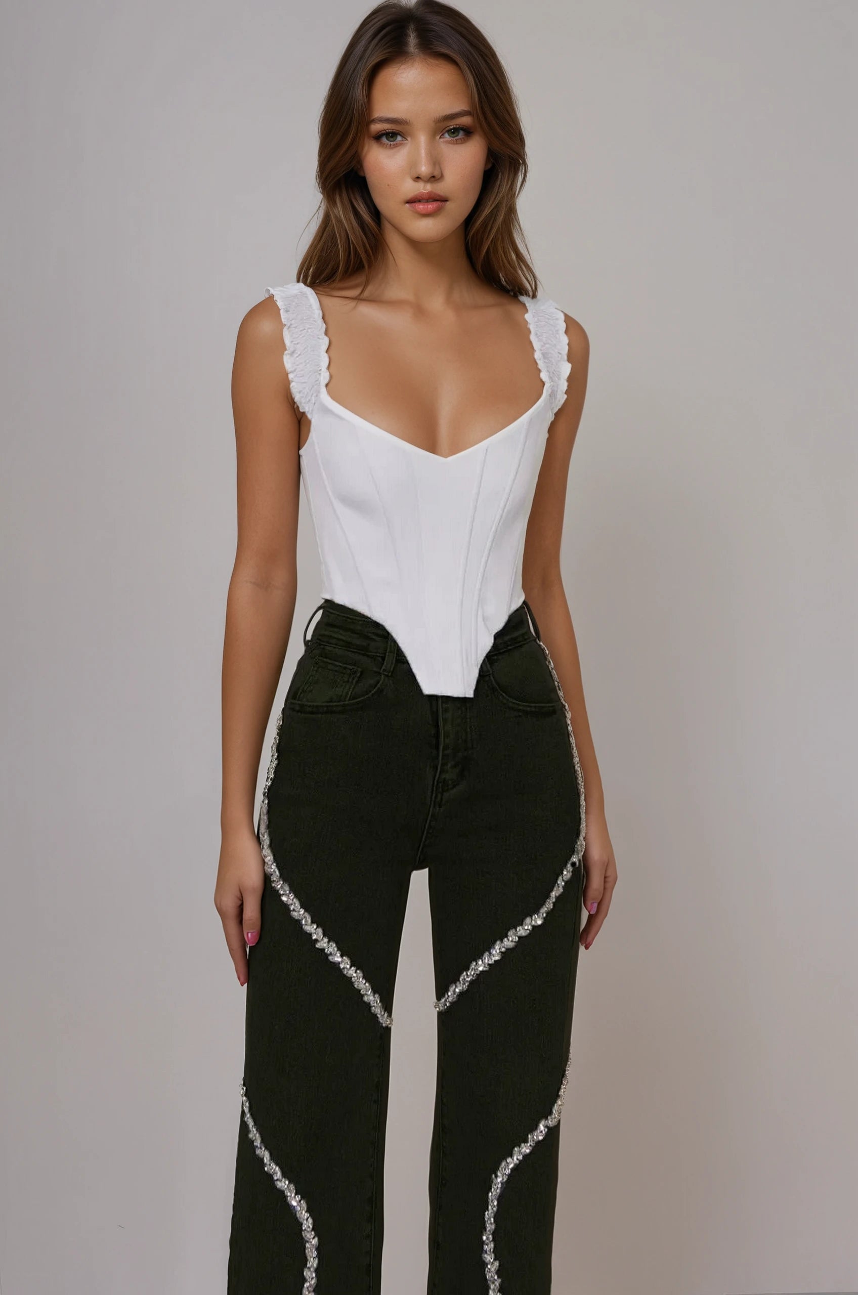 Luna - High Rise Rhinestone Embellished Wide Leg Flared Jeans