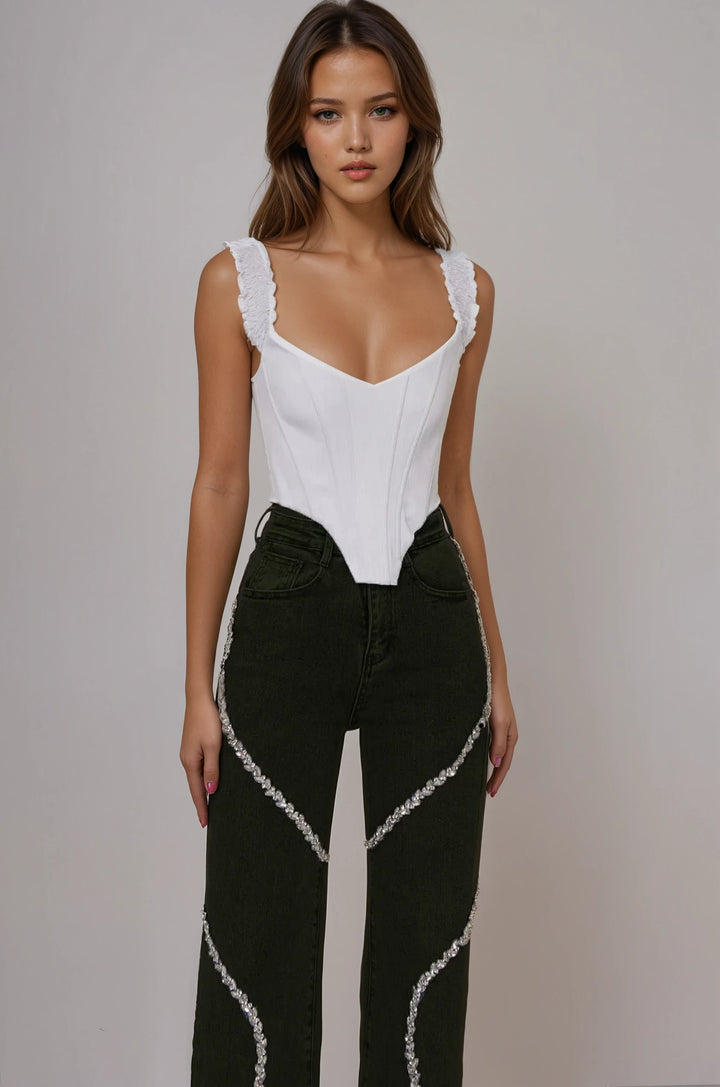 Luna - High Rise Rhinestone Embellished Wide Leg Flared Jeans