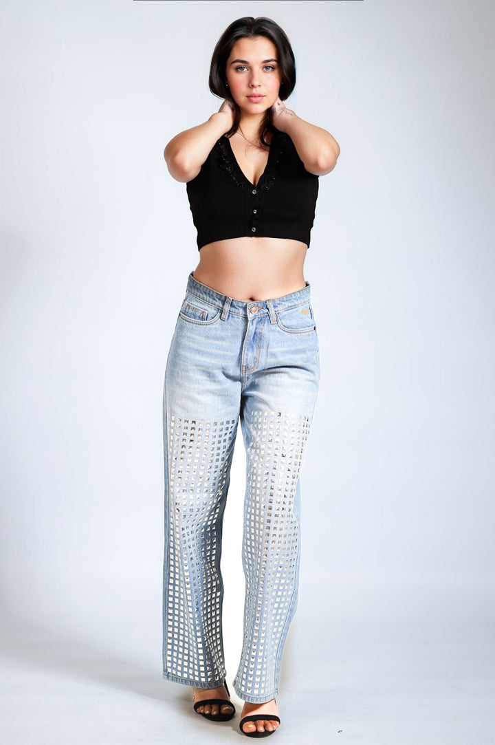 Studded Wide Leg Jeans - Ice Blue