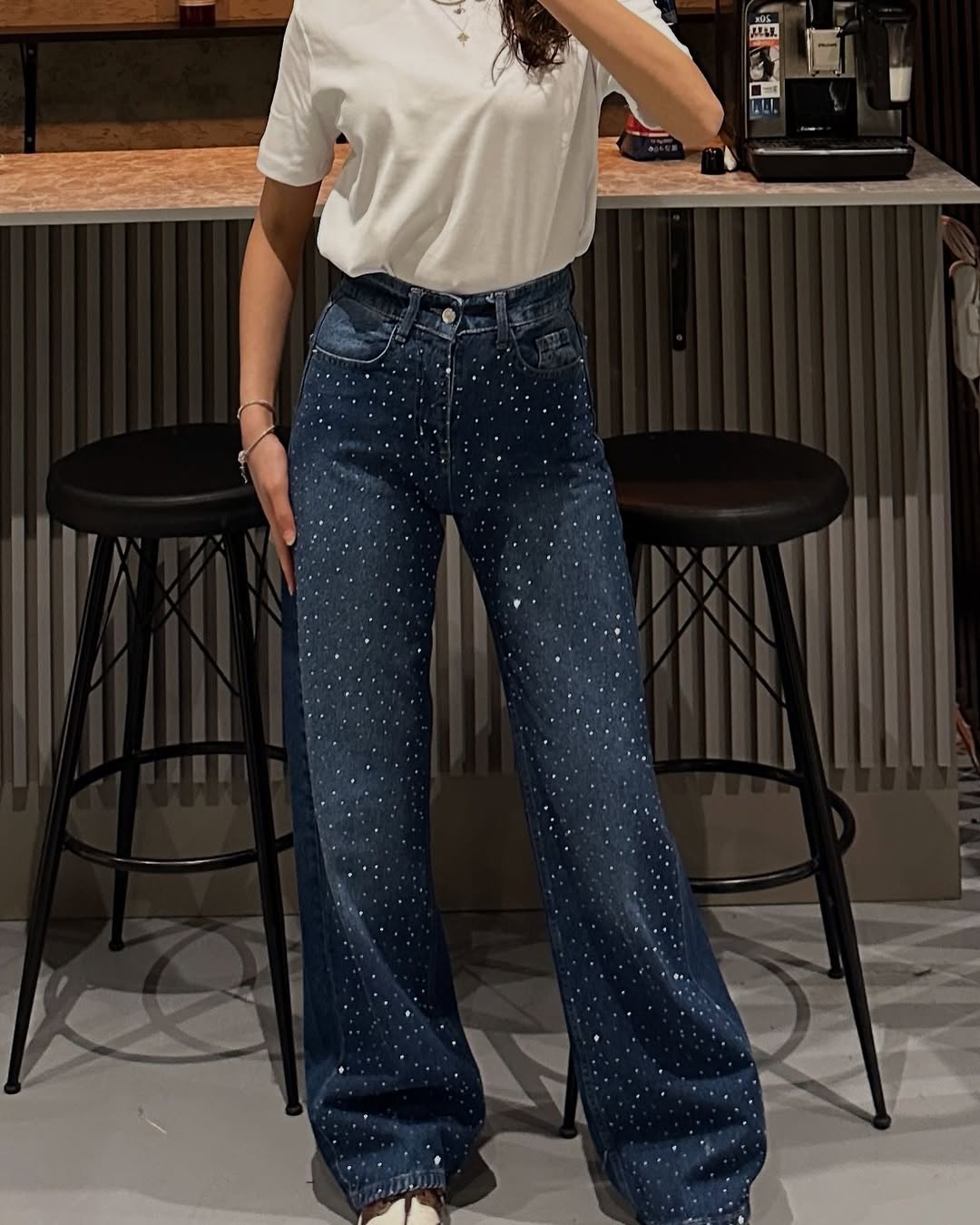 Midnight Blue Diamante Denim High Rise Wide Leg Jeans