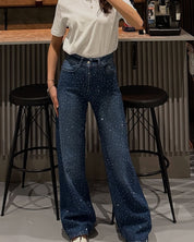 Midnight Blue Diamante Denim High Rise Wide Leg Jeans
