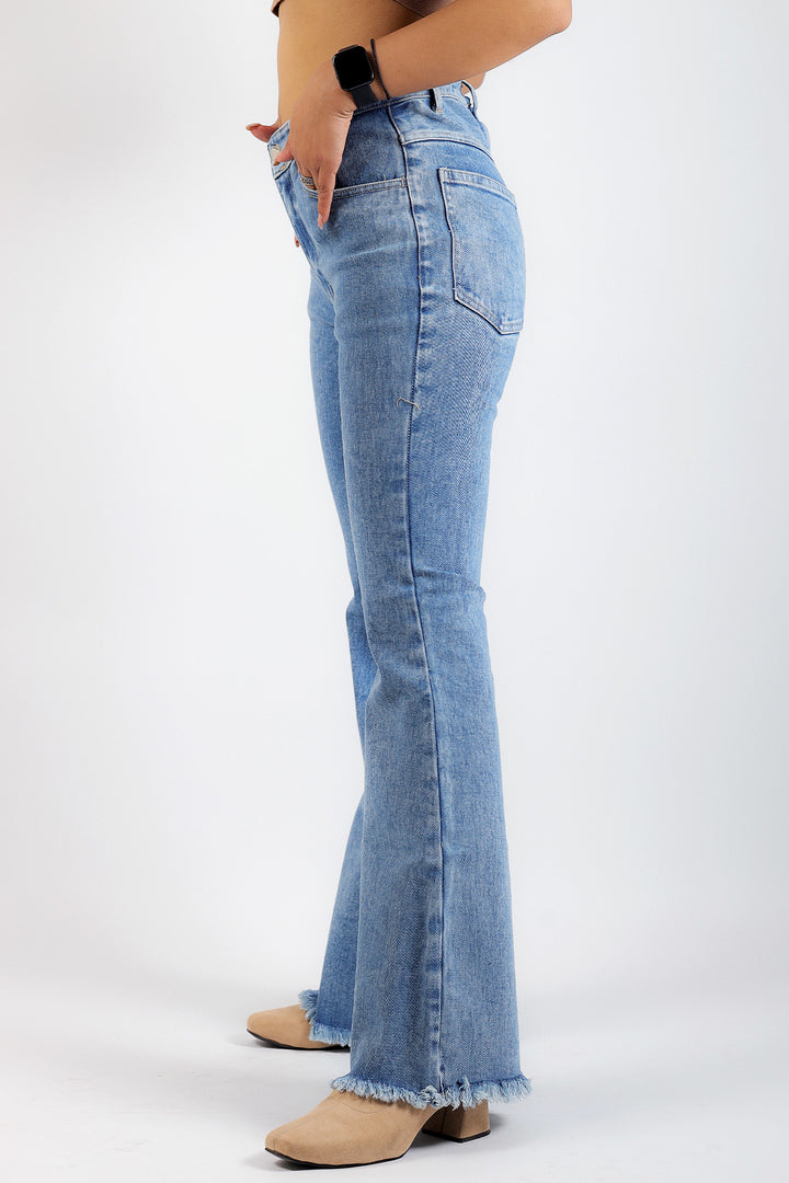 Medium Wash Boot Cut Jeans with Fuzzy Bottom