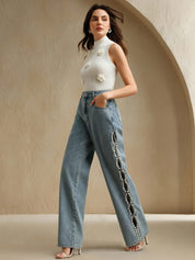Ophelia - Pearl Embellished Wide Leg Jeans - Ice Blue