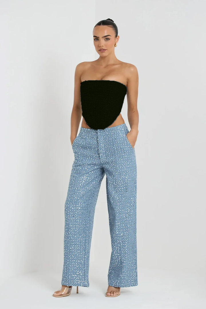 High Rise Wide Leg Sequins Jeans - Isabella