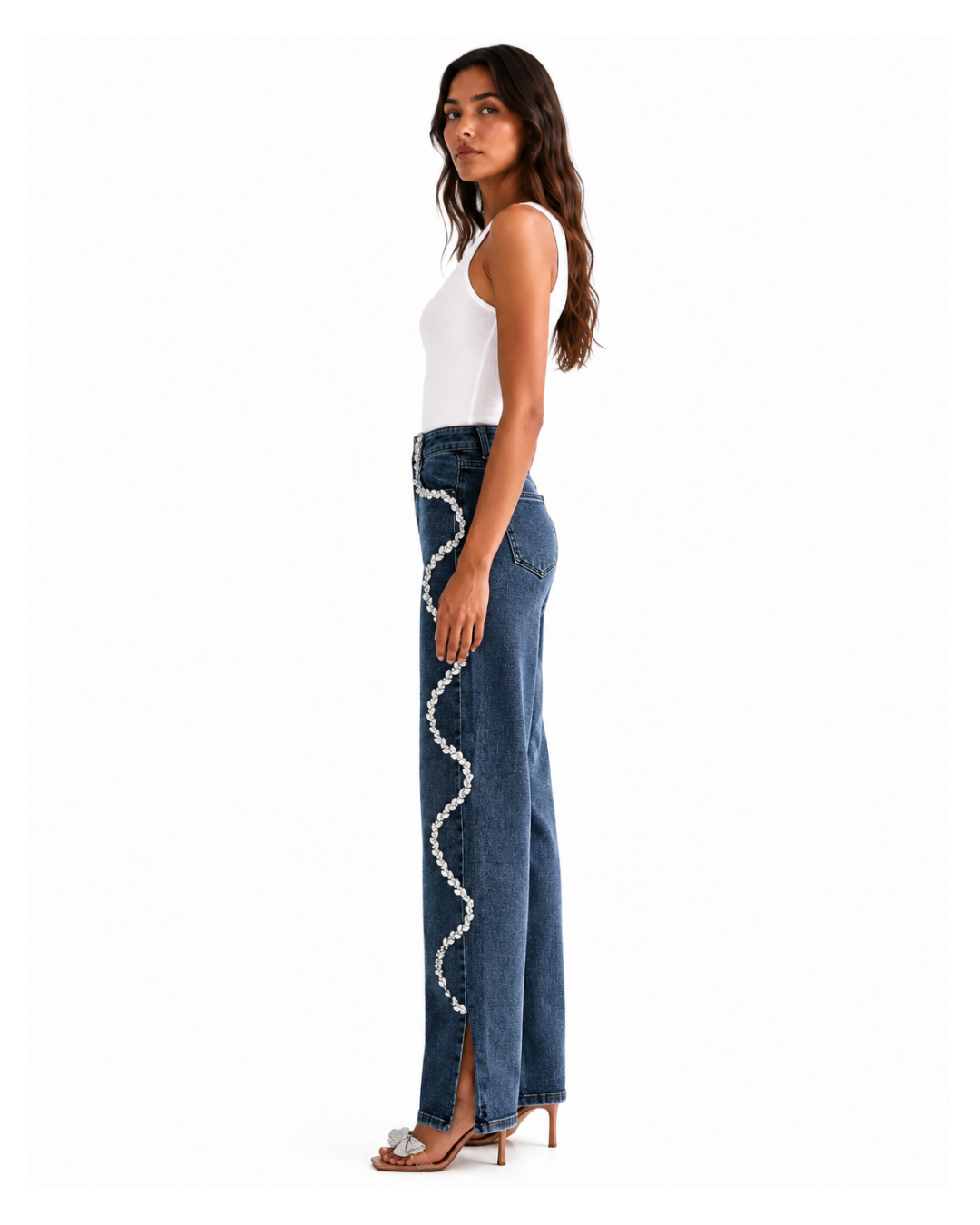 Selene - Rhinestone Embellished Wide Leg Jeans - Dark Blue