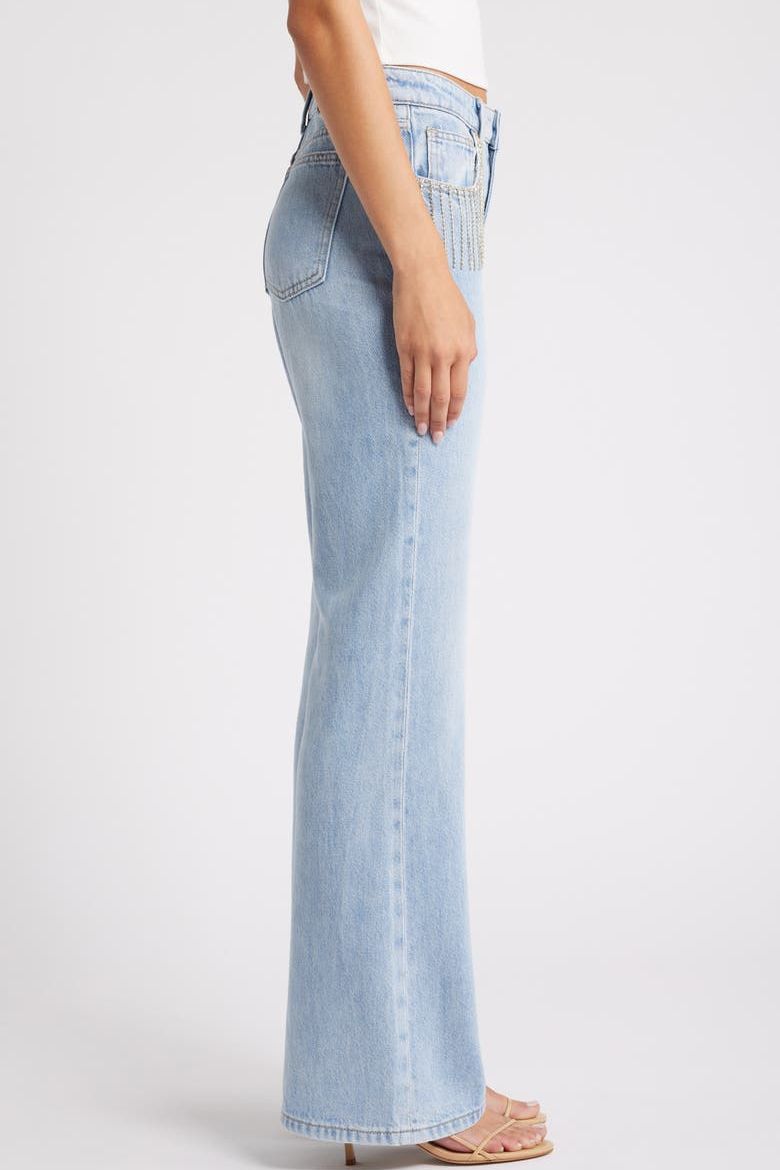 Rhinestone Tassel Wide Leg Jeans - Ice Blue