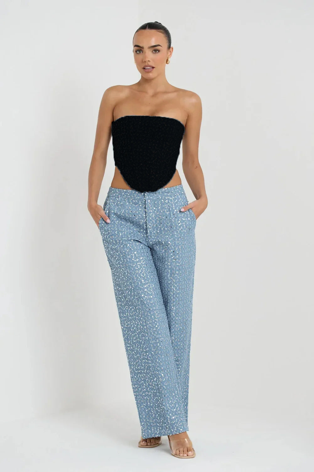 High Rise Wide Leg Sequins Jeans - Isabella