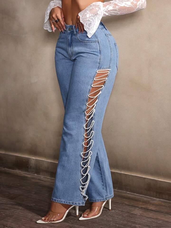 Alice - Pearl Embellished Slit Jeans