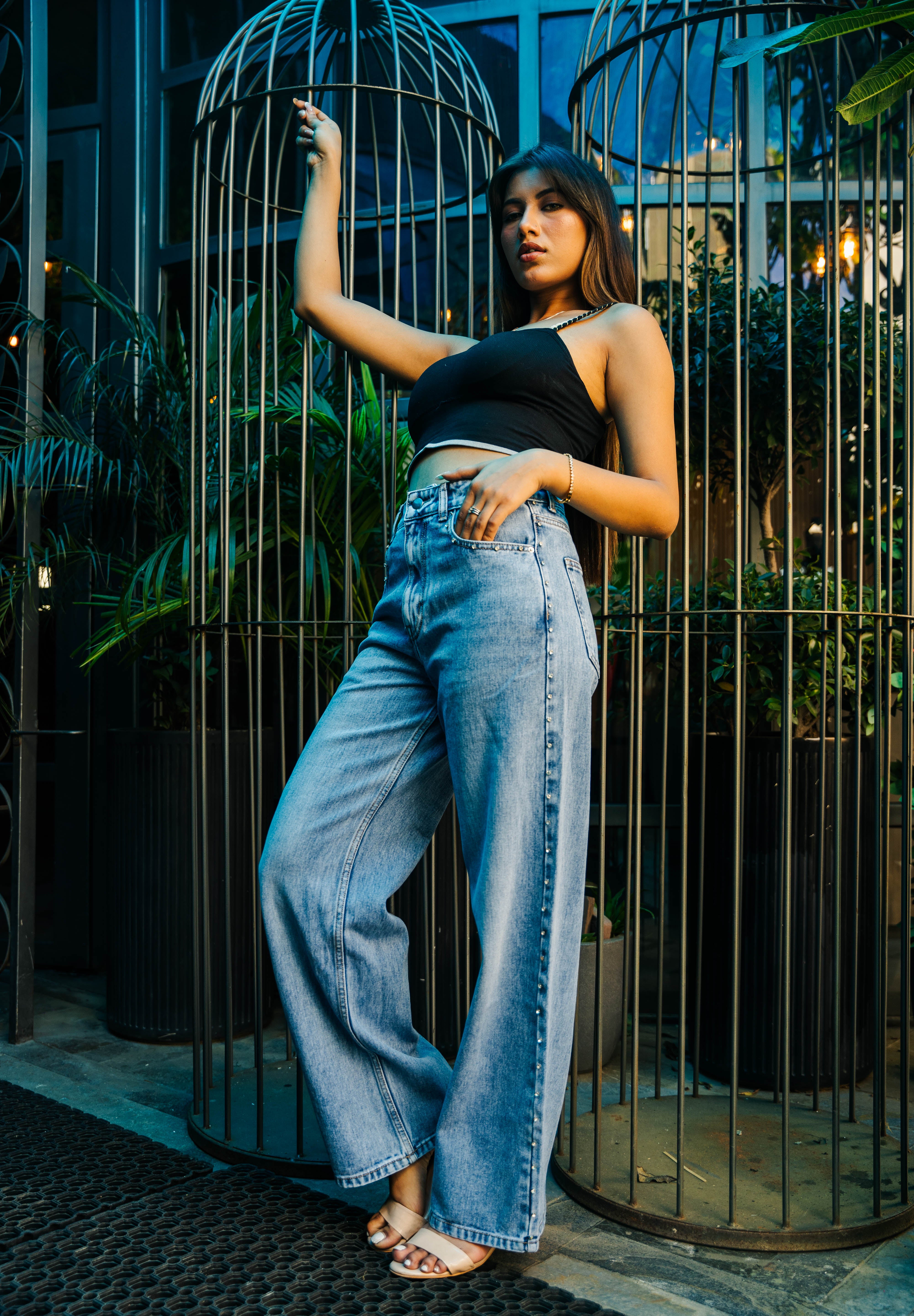 Samantha - Rhinestone Embellished Wide Leg Jeans - Ice Blue