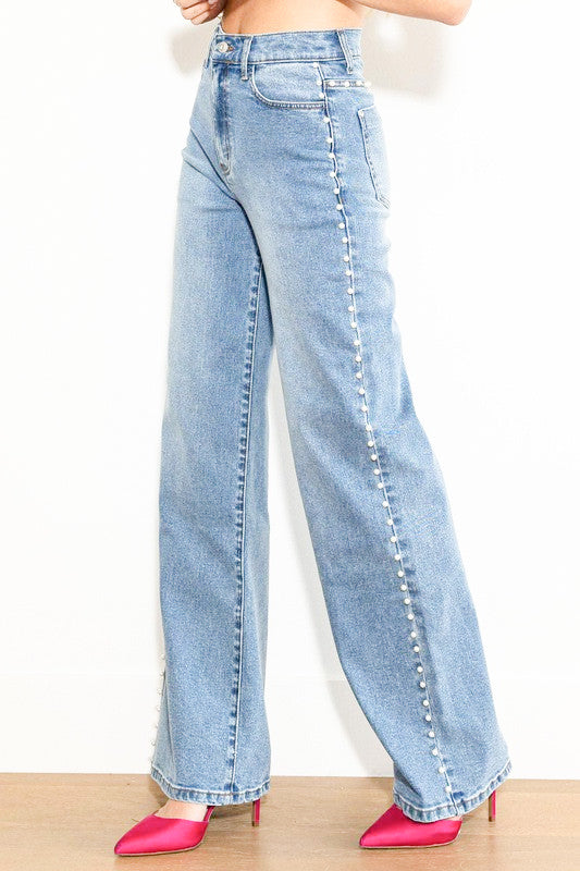 Pearl Studded Wide Leg Jeans - Ice Blue