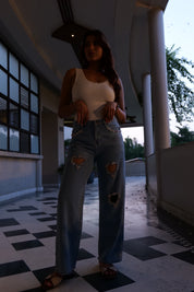 Cupid’s Charm - Rhinestone Embellished Cut Out Jeans - IceBlue