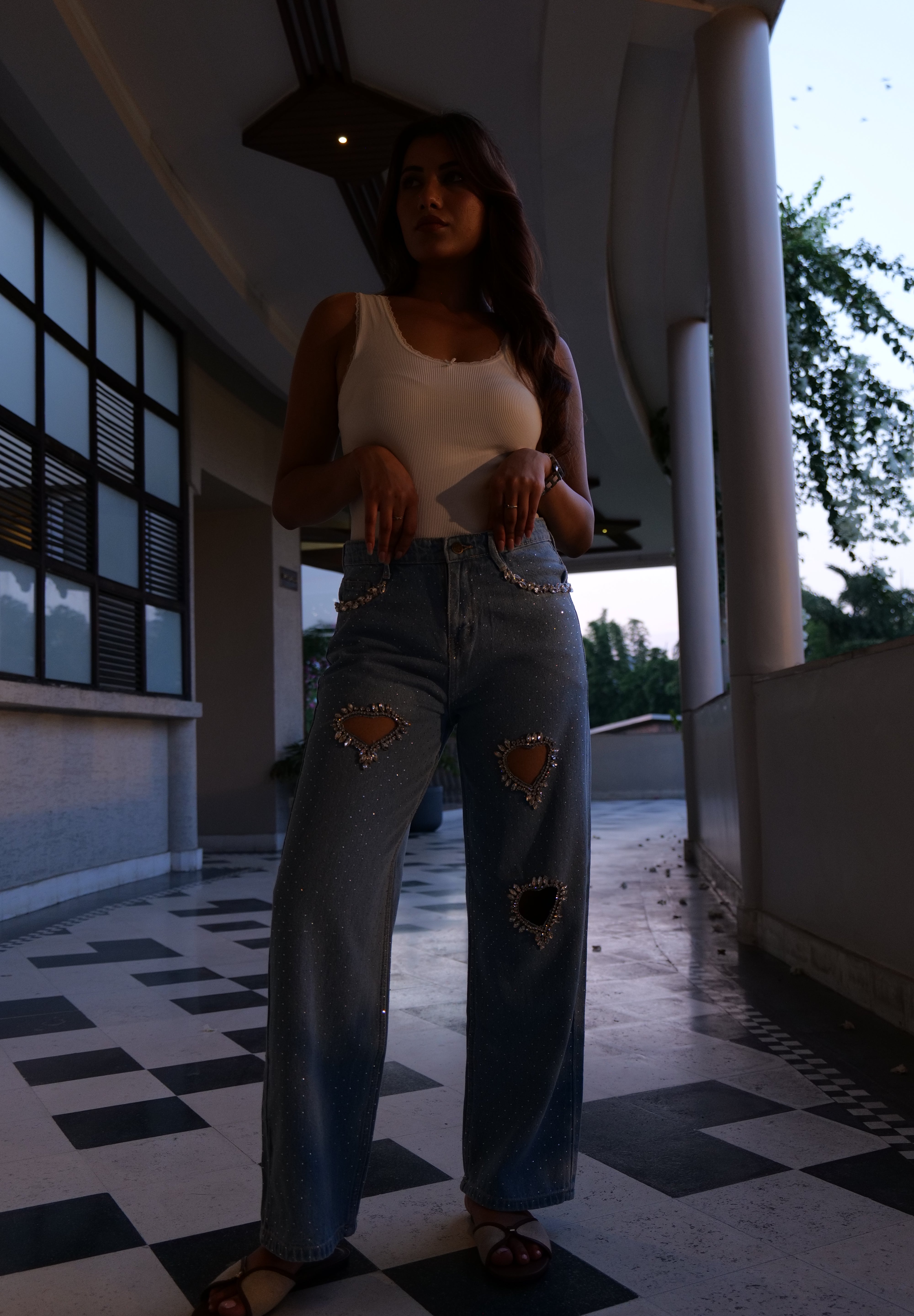 Cupid’s Charm - Rhinestone Embellished Cut Out Jeans - IceBlue