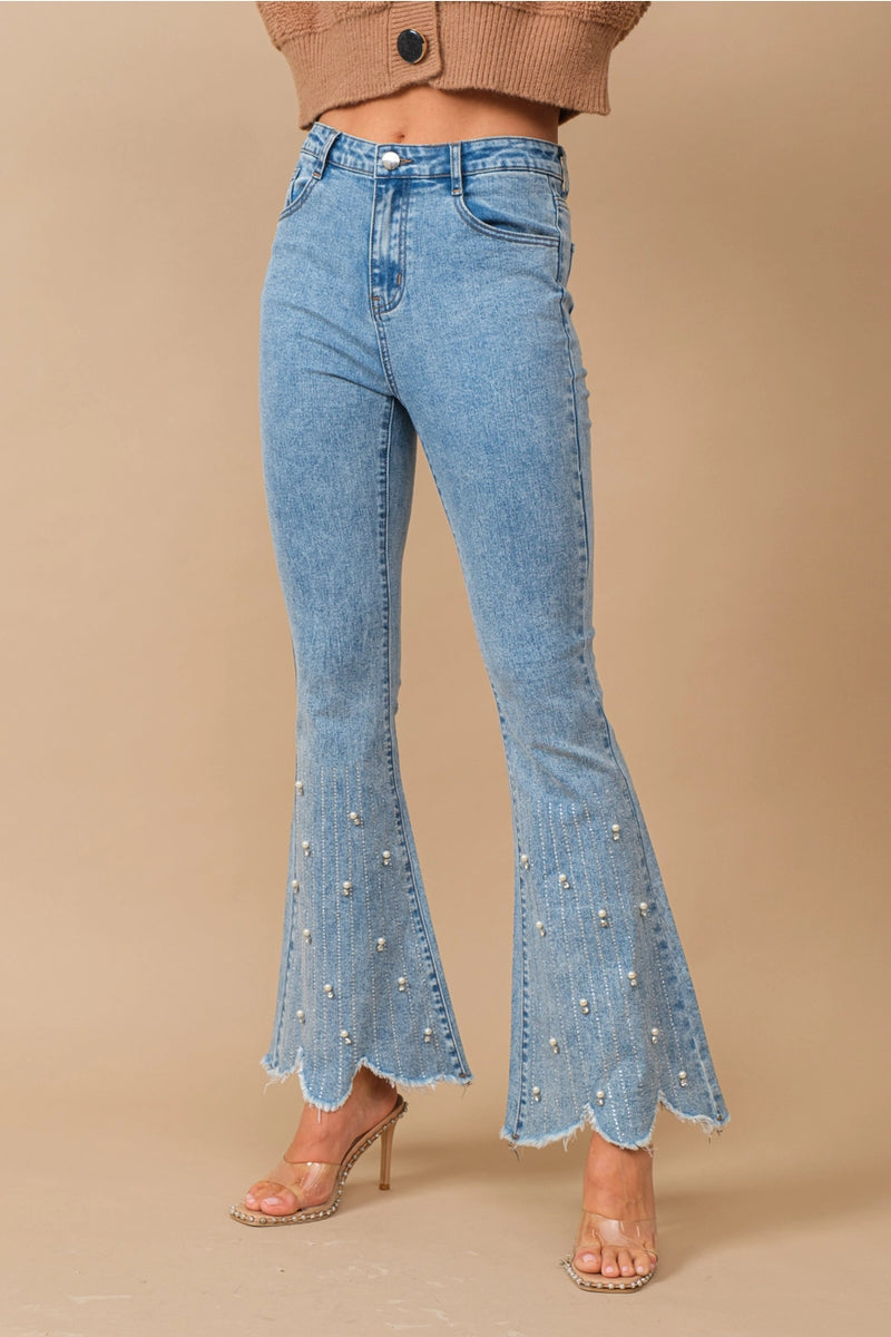 High Rise Embellished Boot Cut Flared Jeans - Blossom Belle