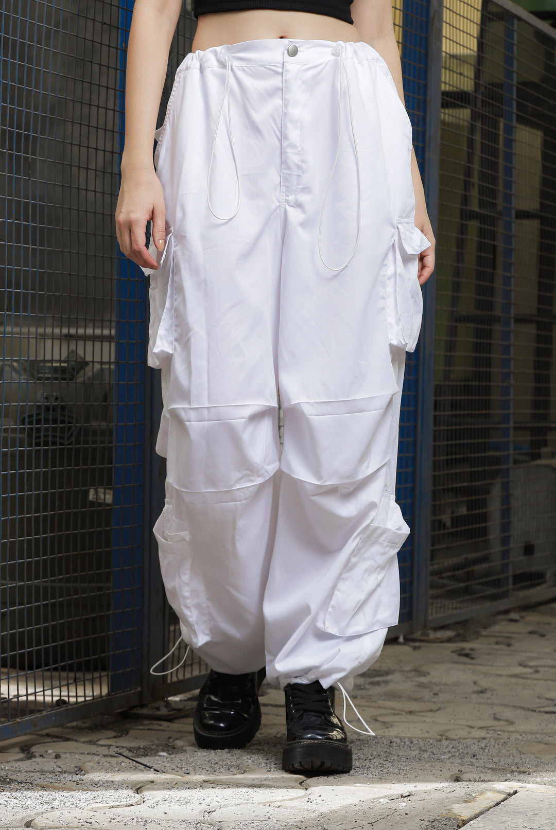Limited Edition Women's White Parachute Cargo Pants with Pockets