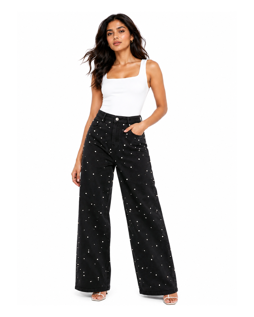Rhinestone and Pearl Studded Wide Leg Jeans - Black