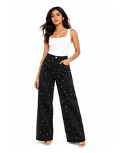 Rhinestone and Pearl Studded Wide Leg Jeans - Black