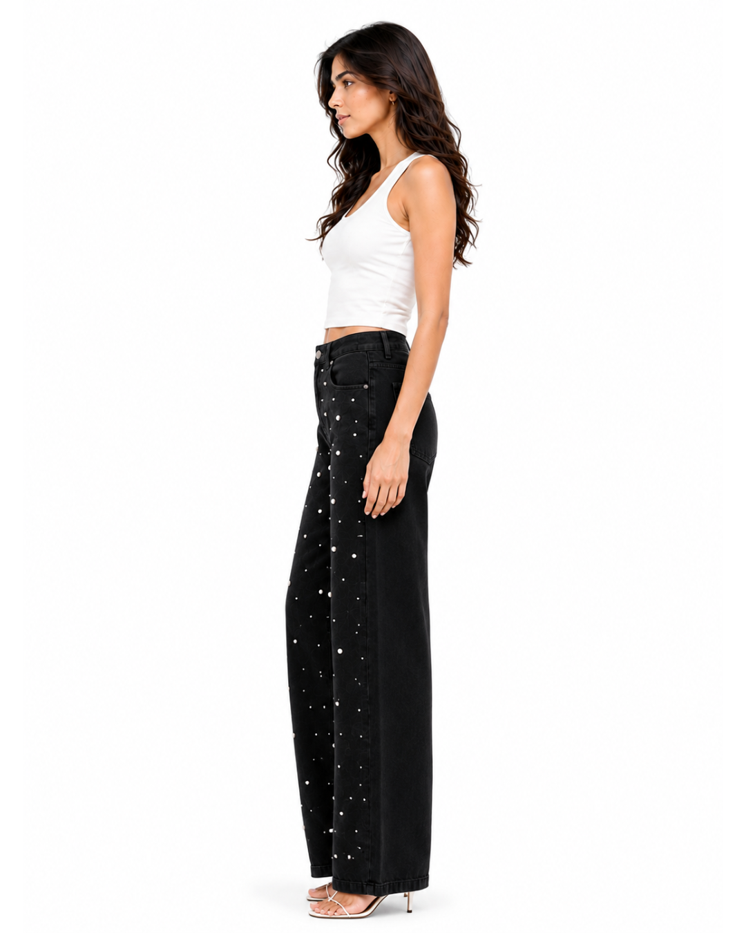 Rhinestone and Pearl Studded Wide Leg Jeans - Black