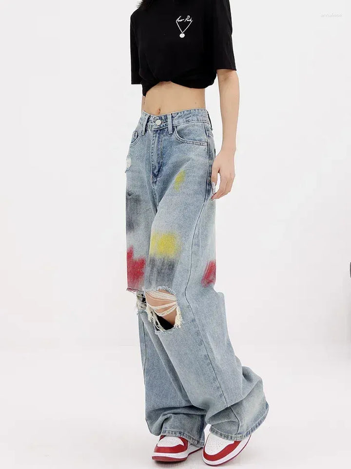 Painted Wide Leg Distressed Jeans - Vivienne