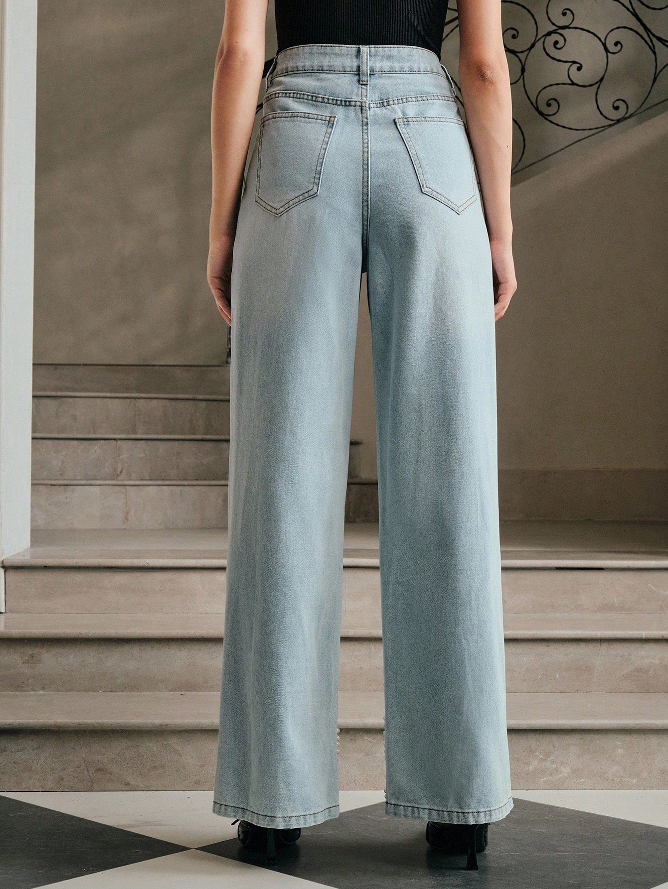Alina - Pearl Embellished Wide Leg Jeans - Ice Blue