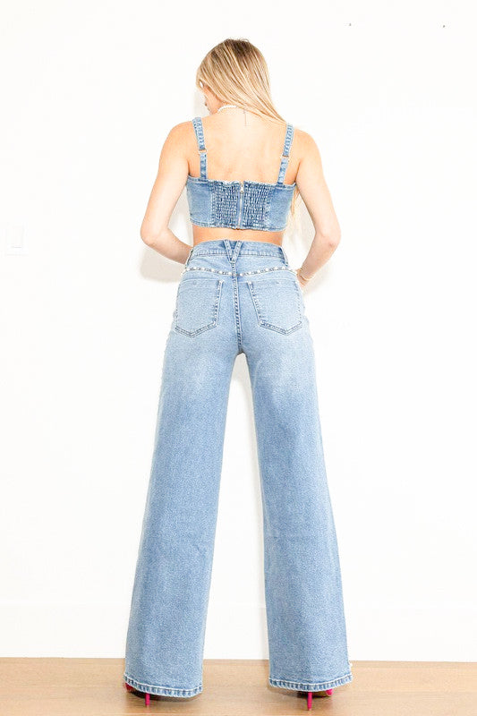 Pearl Studded Wide Leg Jeans - Ice Blue