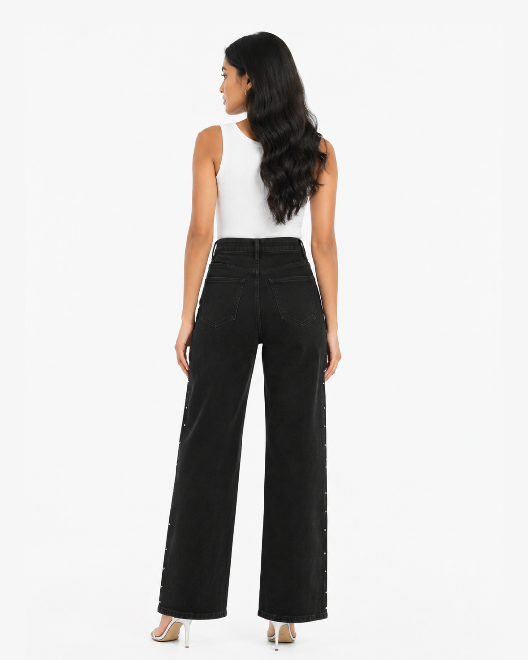 Rhinestone and Pearl Studded Wide Leg Jeans - Black