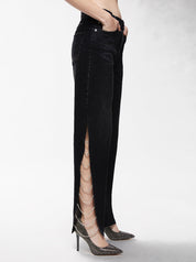 Side Slit Rhinestone Embellished Jeans - Black