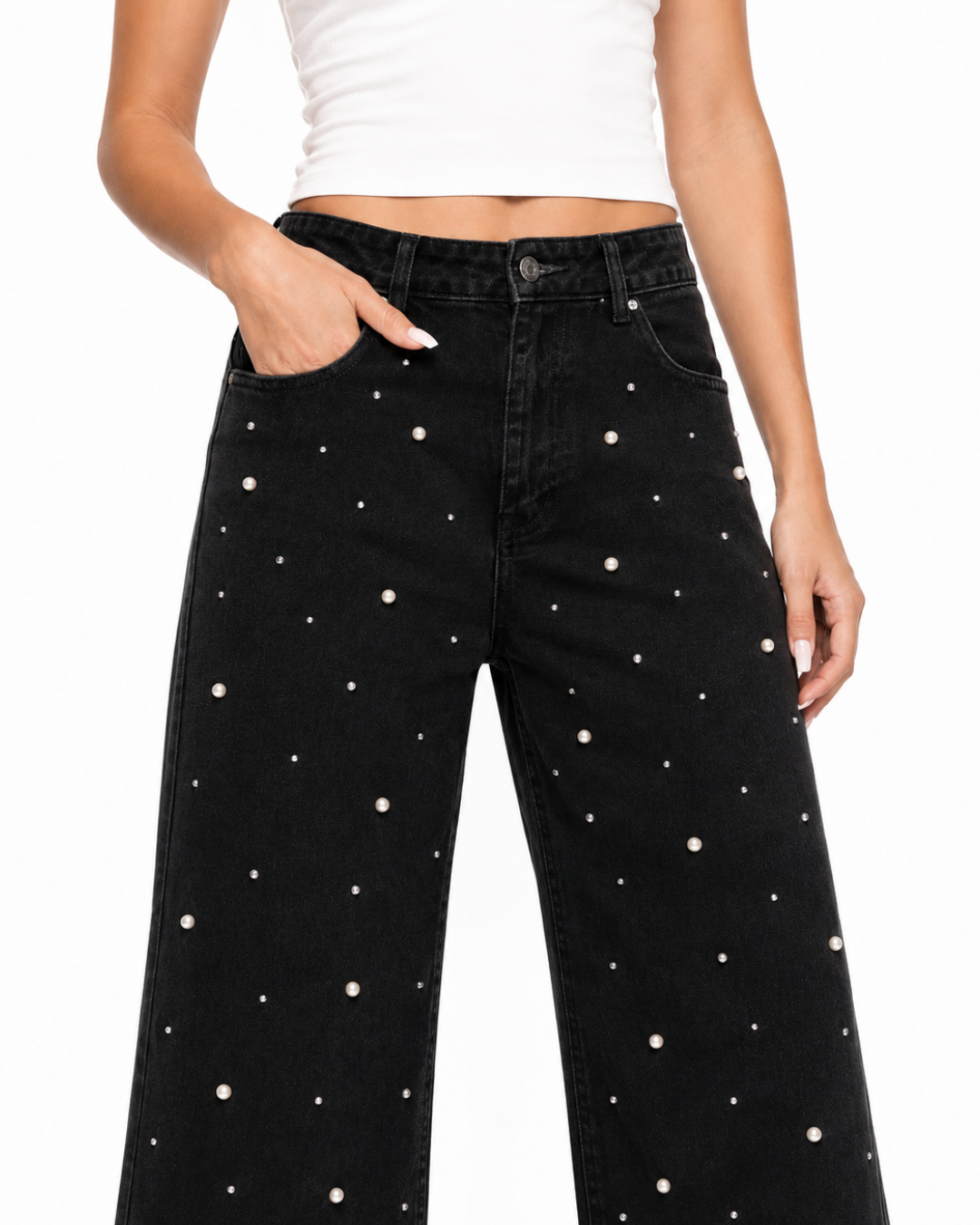 Rhinestone and Pearl Studded Wide Leg Jeans - Black
