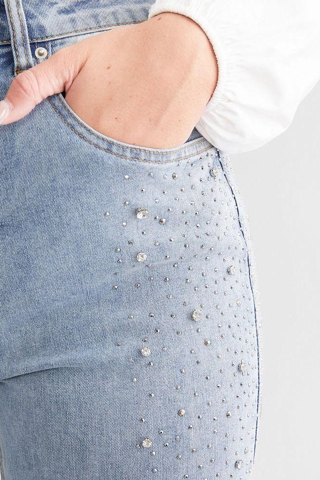 High Rise Rhinestone Embellished Boot Cut Flared Jeans - Ice Blue