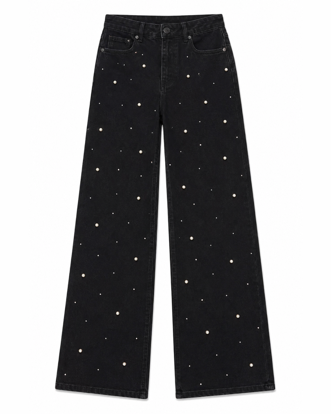 Rhinestone and Pearl Studded Wide Leg Jeans - Black