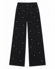 Rhinestone and Pearl Studded Wide Leg Jeans - Black