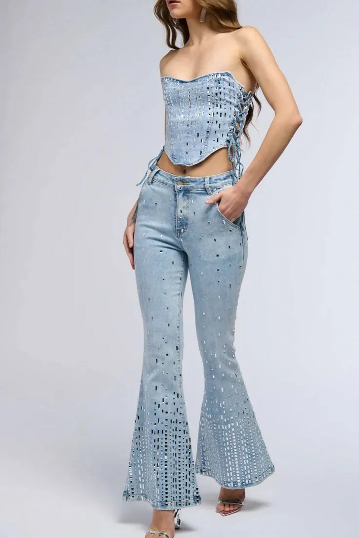 High Rise Embellished Boot Cut Flared Jeans - Popstar Version