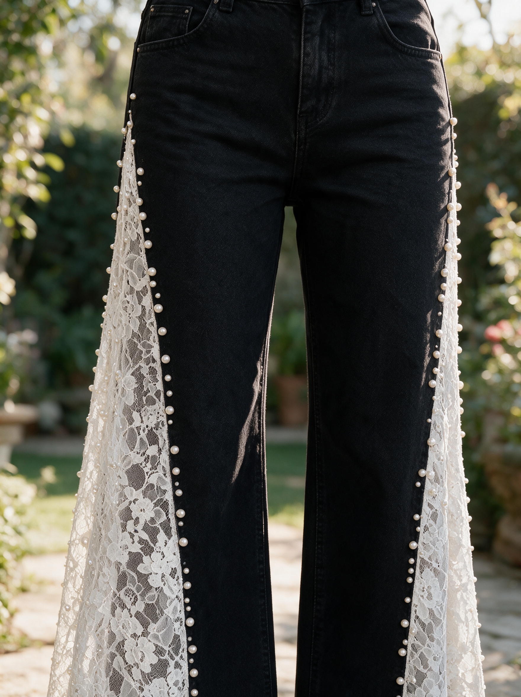 Belle - Pearl Embellished Lace Jeans - Black