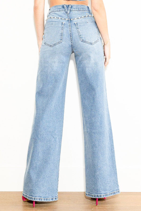 Pearl Studded Wide Leg Jeans - Ice Blue