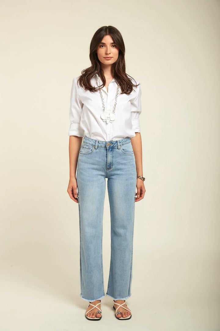 Pearl Slit Wide Leg Jeans - Ice Blue