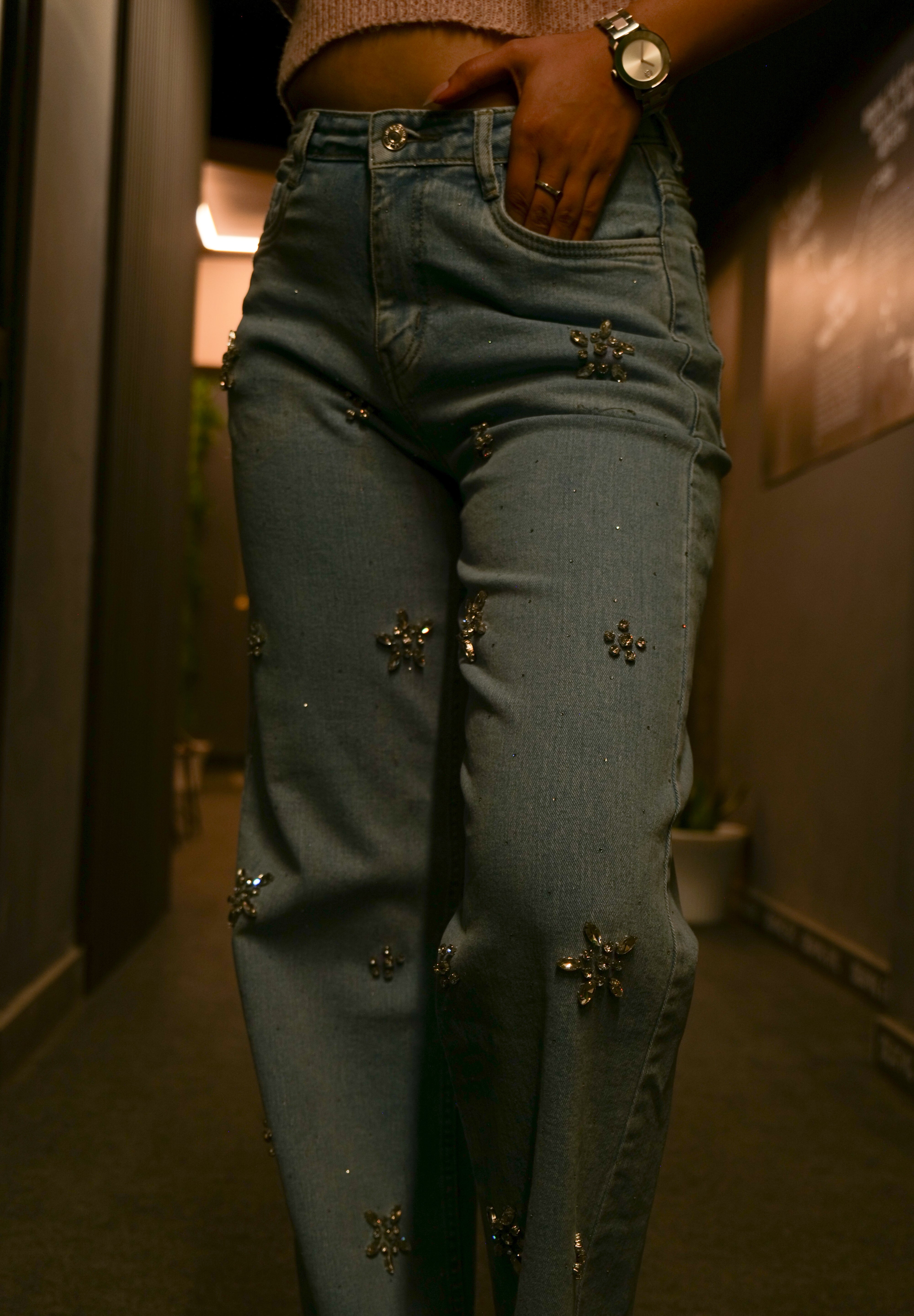 Florice - Rhinestone Embellished Jeans - Ice Blue