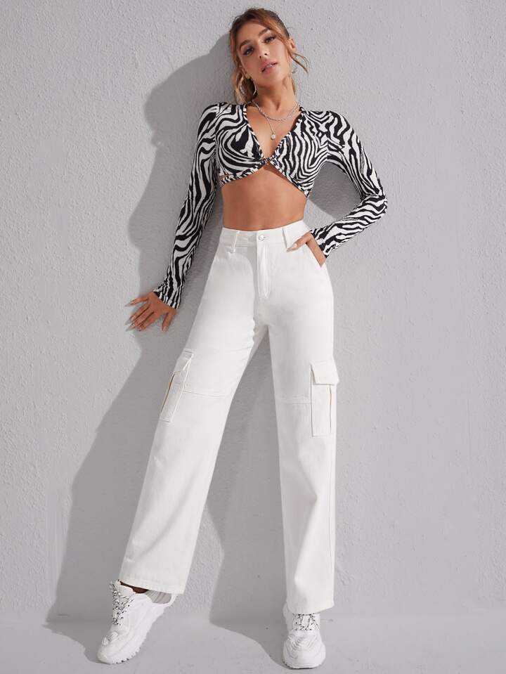High-Rise Cargo Jeans White Women