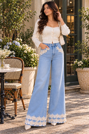 (Limited Edition) Callista Fluèr - Sequinned Lace Jeans - Ice Blue