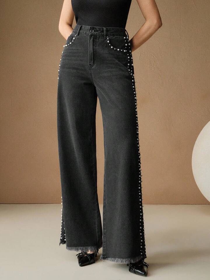 Myra - High Rise Pearl Embellished Wide Leg Jeans
