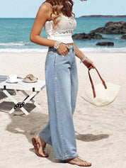 Samantha - Rhinestone Embellished Wide Leg Jeans - Ice Blue