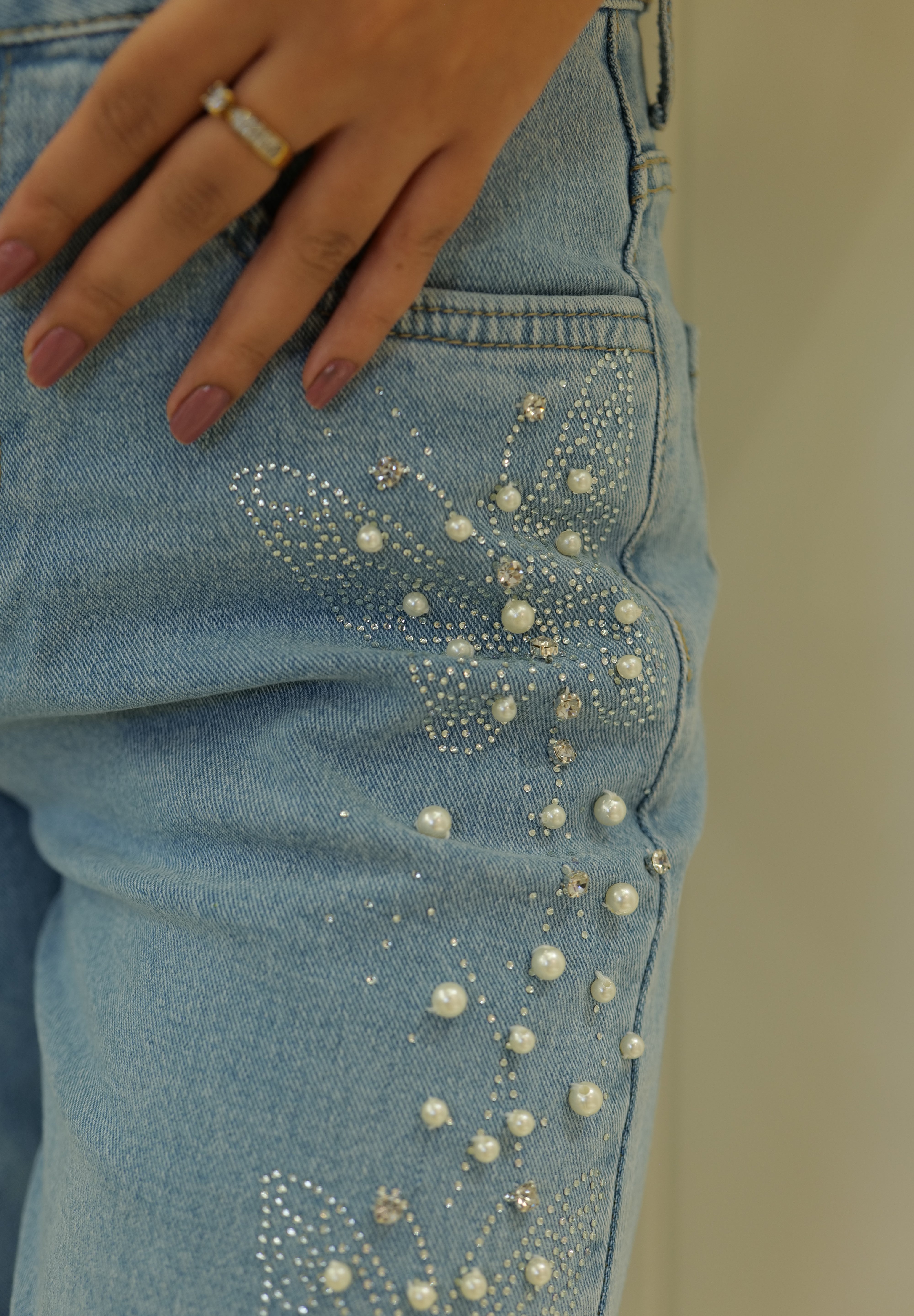 Ira - Rhinestone Embellished Jeans - Ice Blue