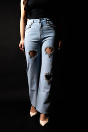 Cupid’s Charm - Rhinestone Embellished Cut Out Jeans - IceBlue