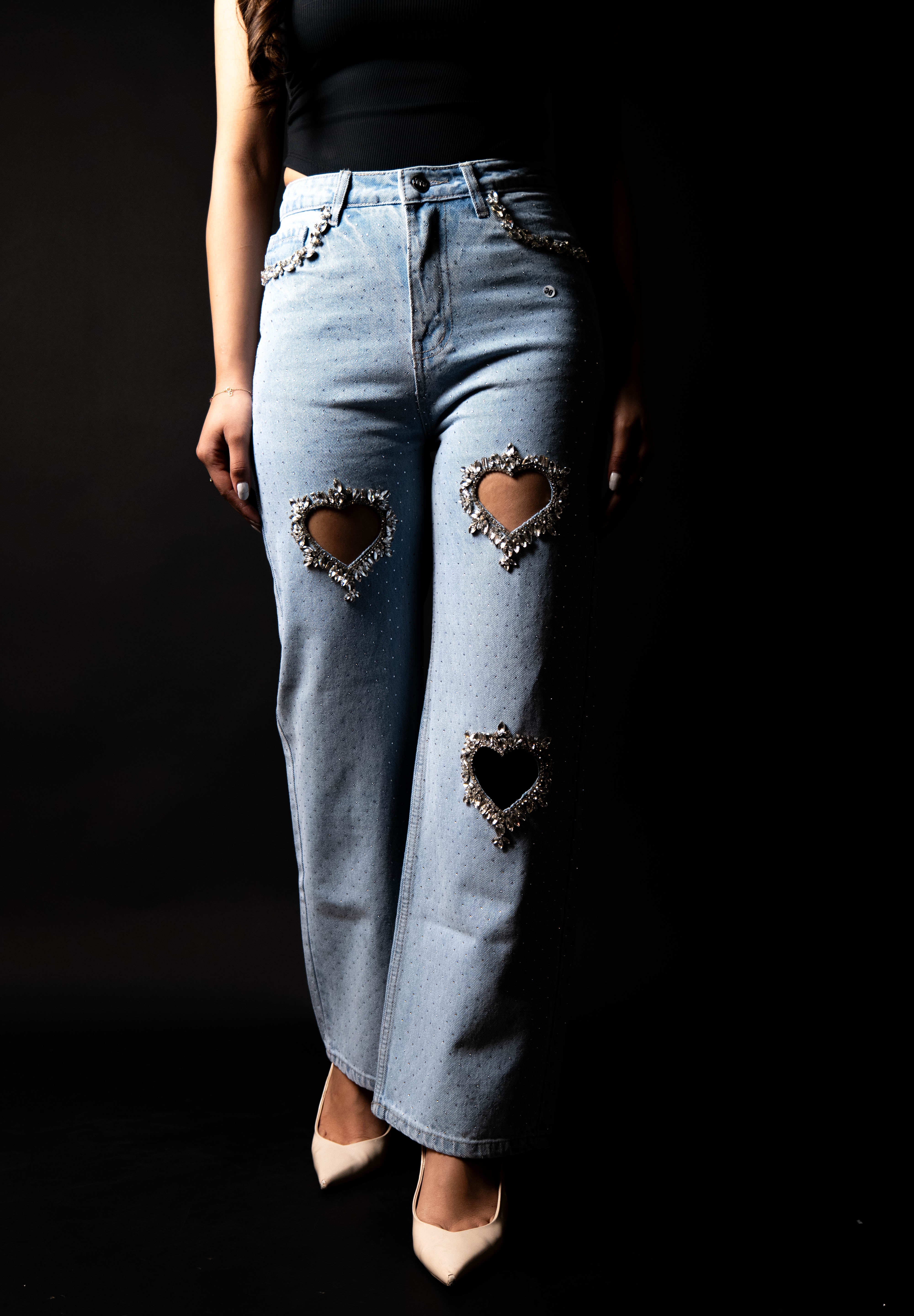 Cupid’s Charm - Rhinestone Embellished Cut Out Jeans - IceBlue