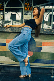 Samantha - Rhinestone Embellished Wide Leg Jeans - Ice Blue