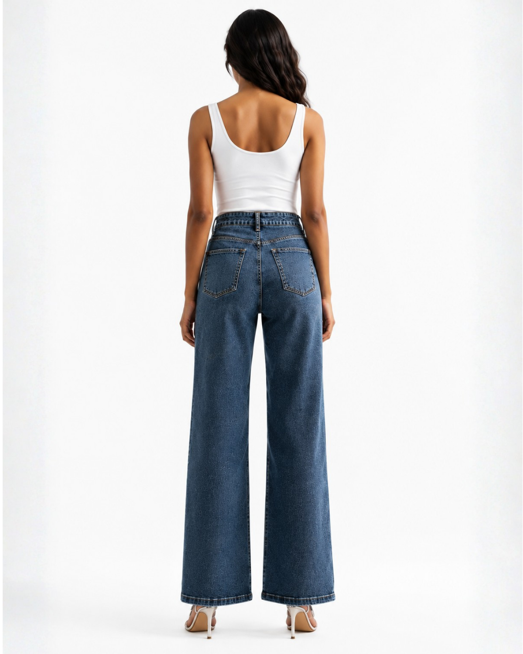 Selene - Rhinestone Embellished Wide Leg Jeans - Dark Blue