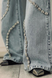 Rhinestone Embellished Wide Leg Jeans - Athena