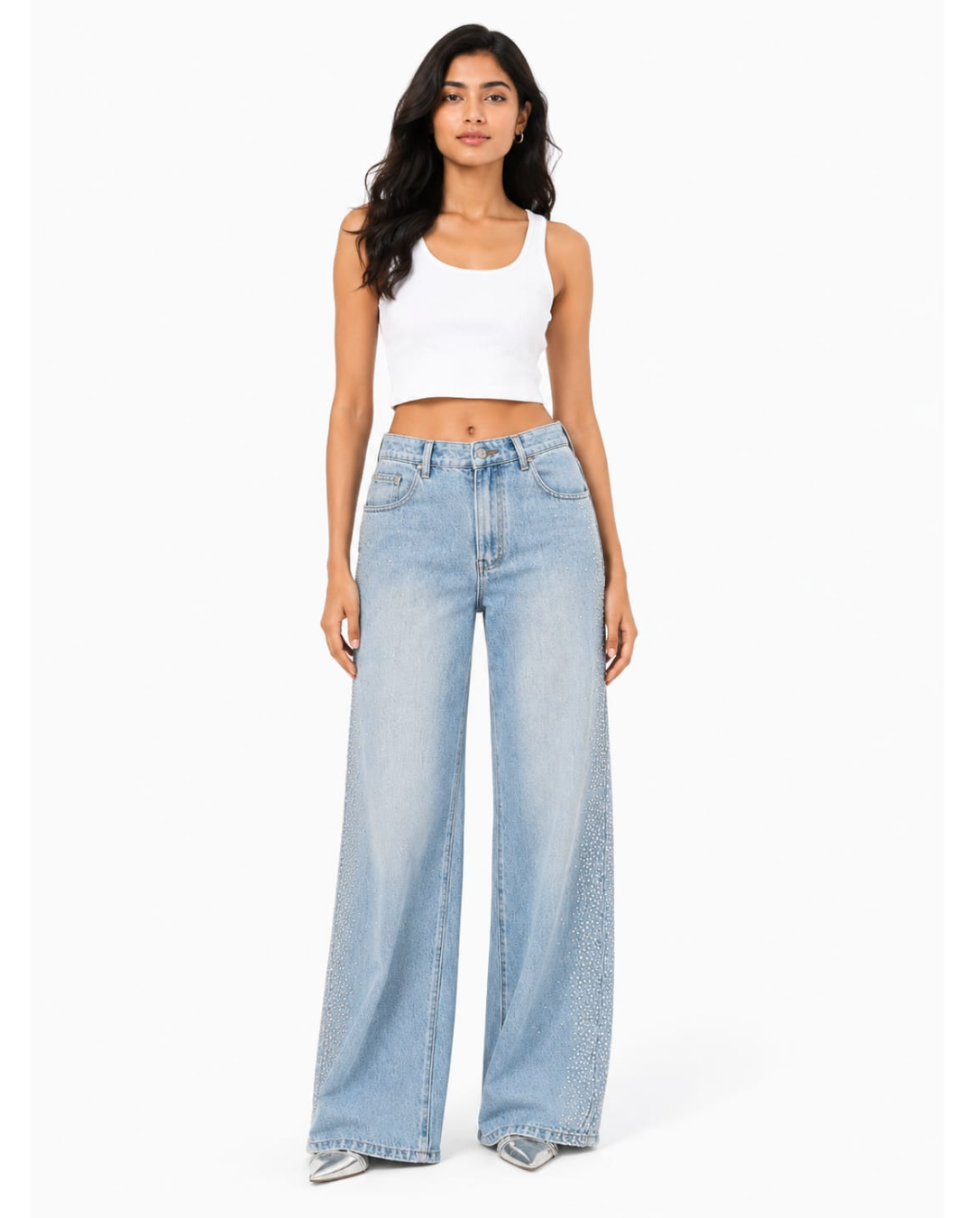 Mira - Rhinestone Embellished Wide Leg Jeans - Ice Blue