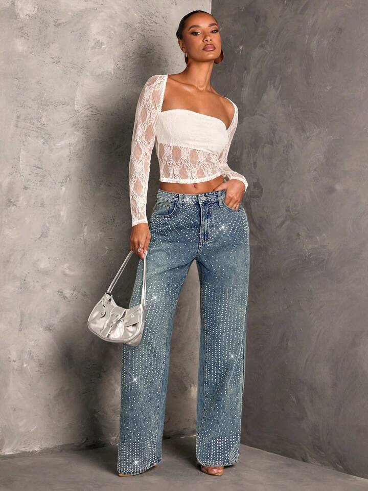 Nikki - Rhinestone Embellished Wide Leg Jeans - Ice Blue