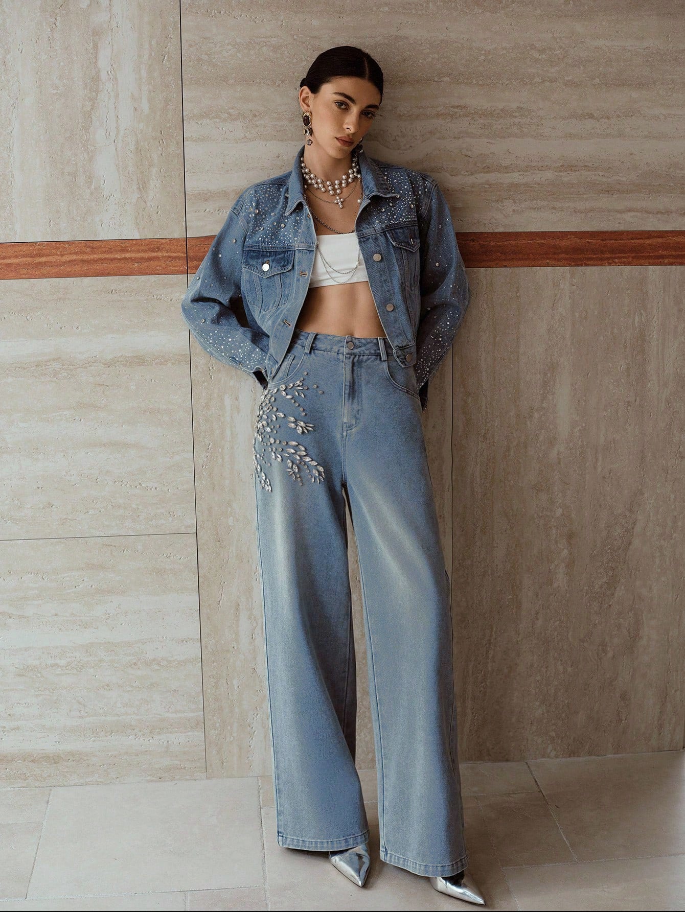 Crystal Vine - Rhinestone Embellished Wide Leg Jeans - Ice Blue
