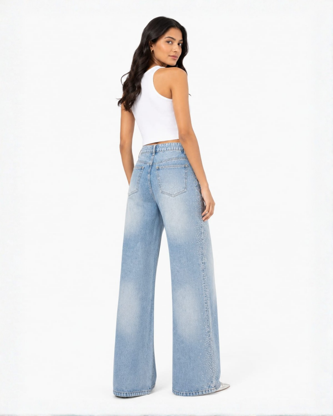 Mira - Rhinestone Embellished Wide Leg Jeans - Ice Blue