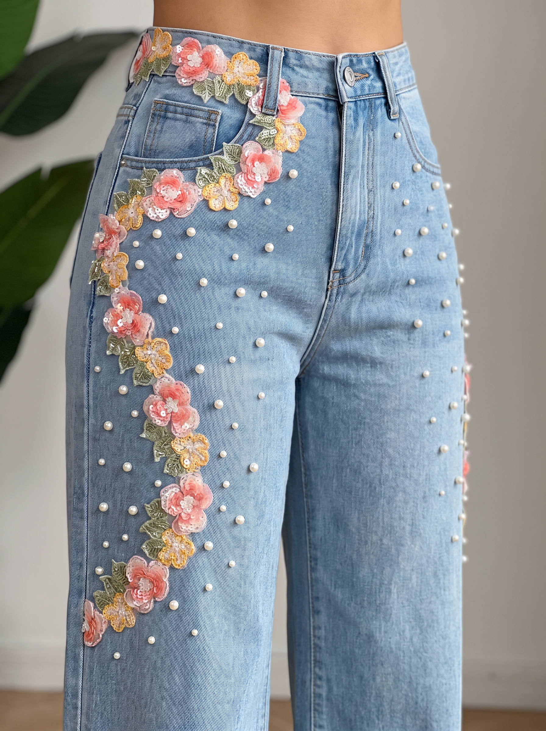 (Limited Edition) Coral Fluèr - Embellished Lace Jeans - Ice Blue